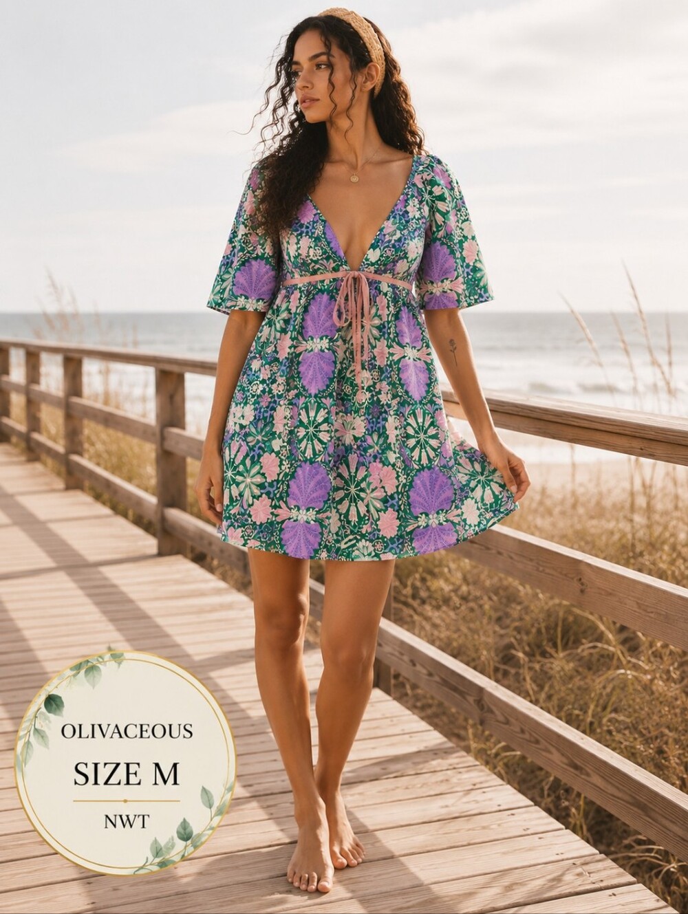 Olivaceous NWT Green Purple Floral Mini Dress | Open Back | Has Pockets | Size M